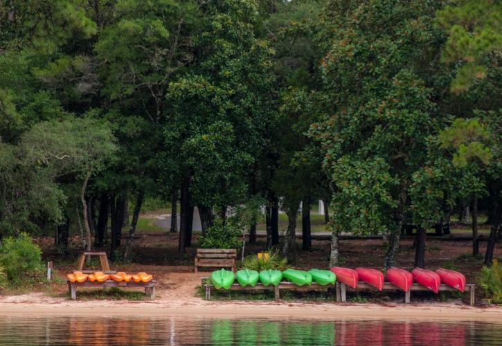 Canoes and Kayaks are lined up on racks at the shoreline. 