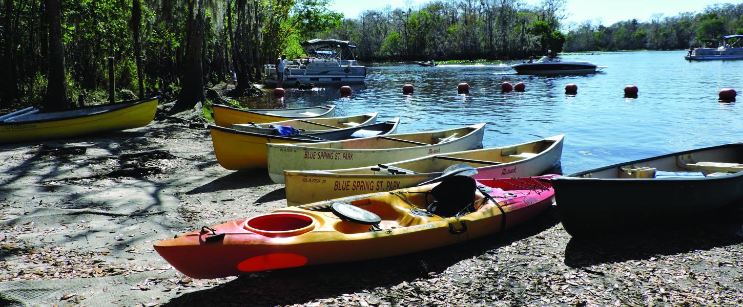 View of Kayaks and Canoes on banks of river